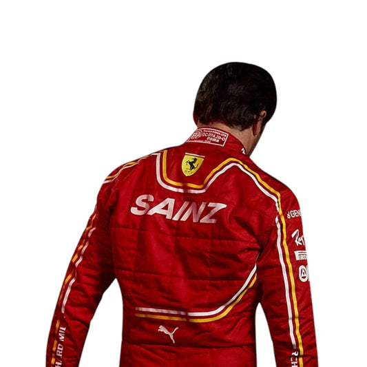 2024 Carlos Sainz Ferrari F1 race suit replica authentic fan collectible with detailed Scuderia design