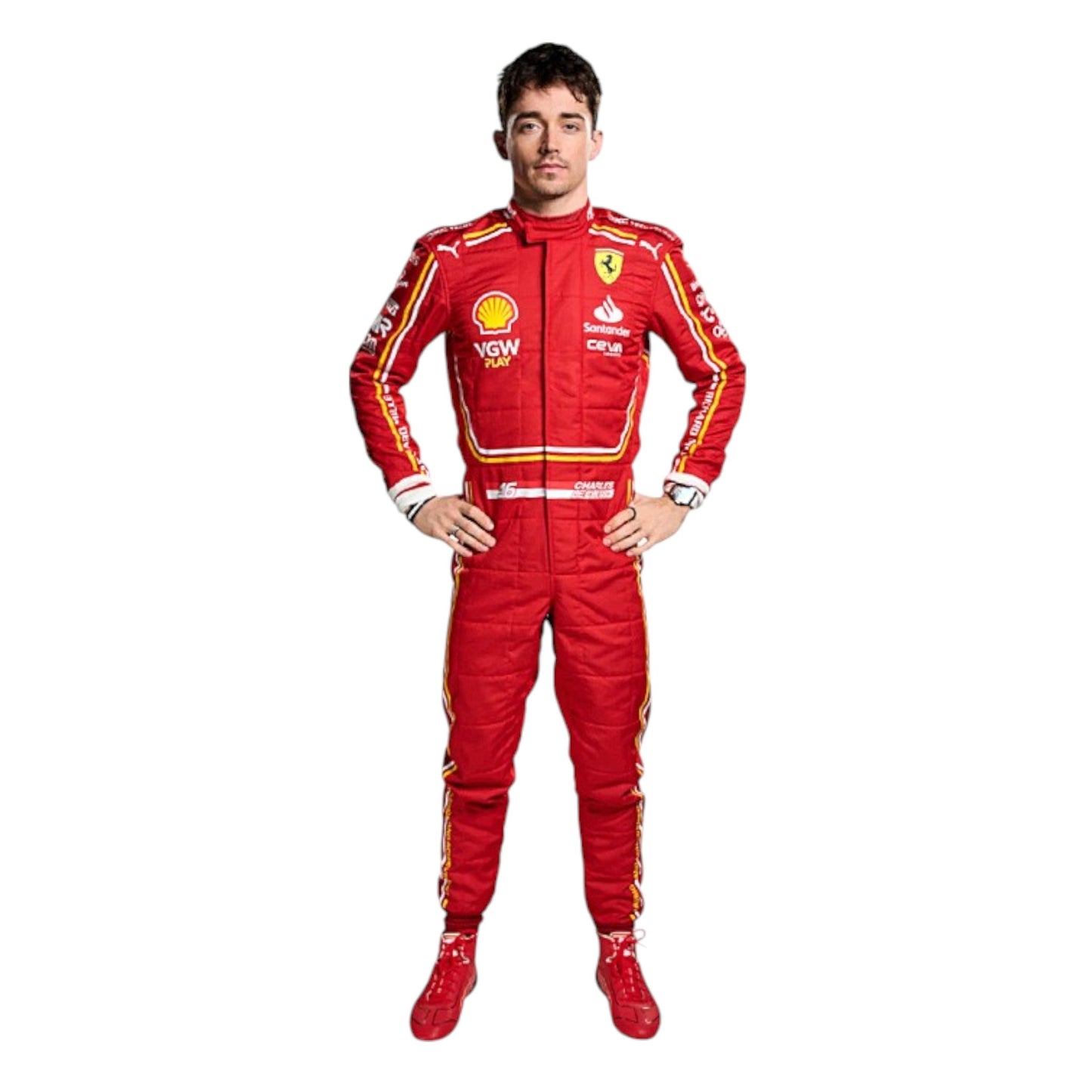 2024 Charles Leclerc Ferrari F1 race suit replica authentic fan collectible with detailed team design and logos