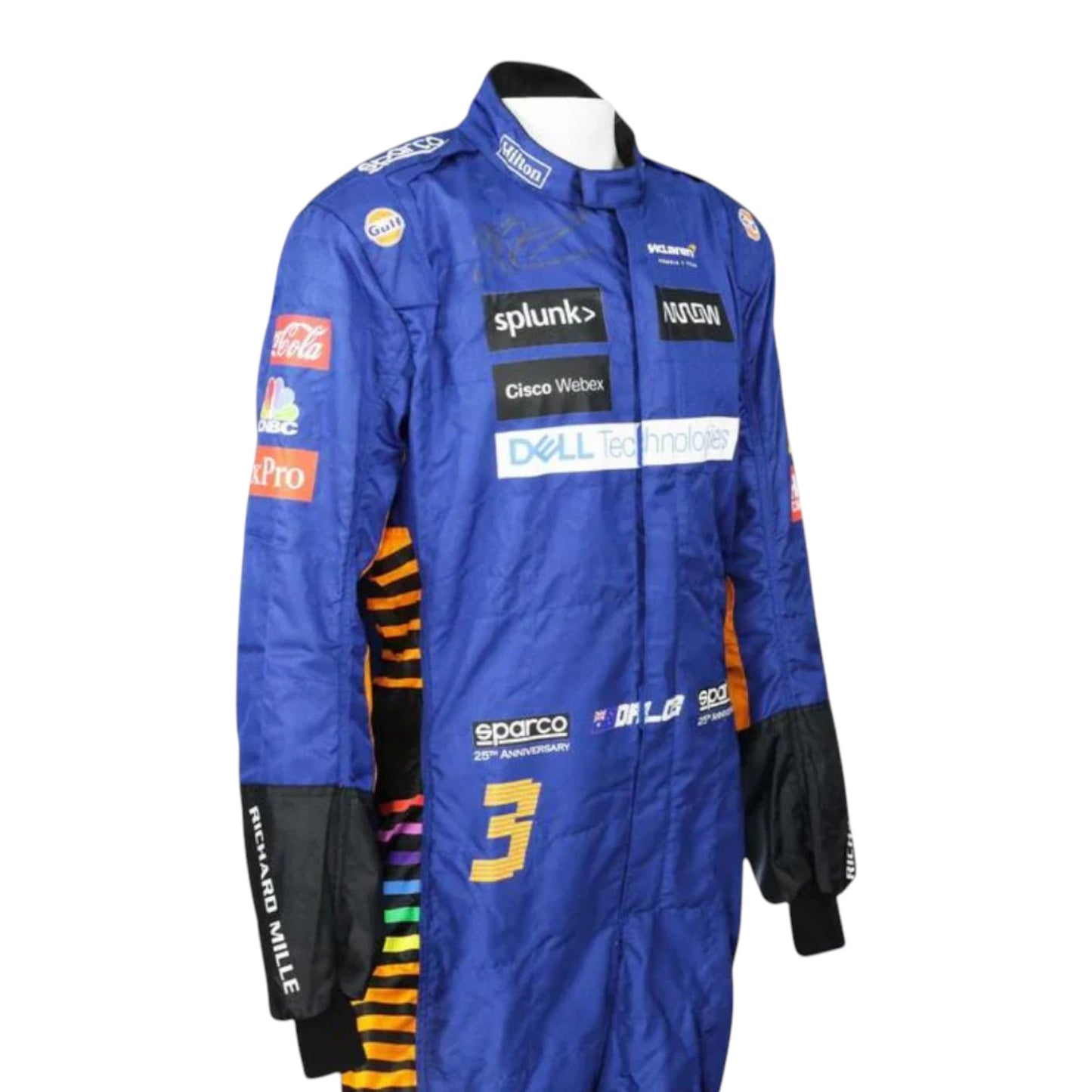 Daniel Ricciardo 2021 McLaren F1 race suit replica featuring papaya orange and blue team design with sponsor logos