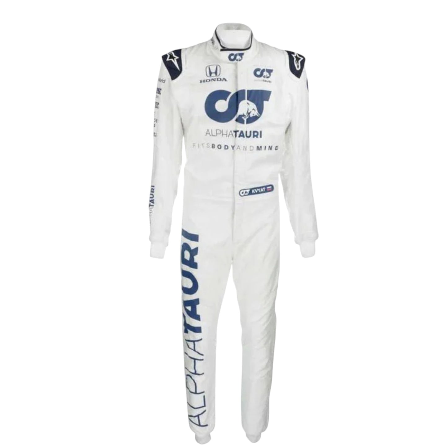 Daniil Kvyat 2020 AlphaTauri F1 race suit replica with navy blue and white design featuring Red Bull branding