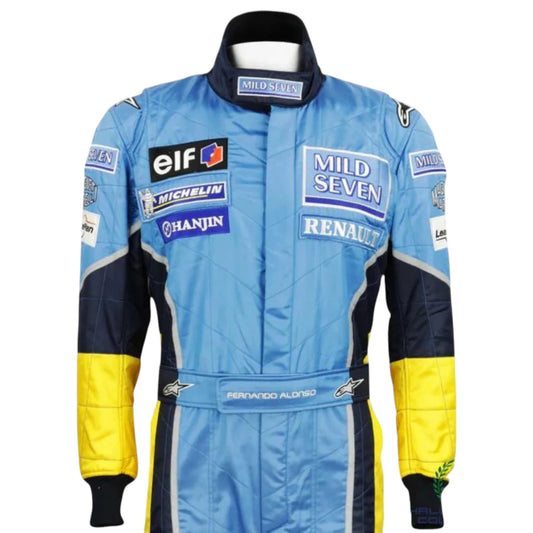 Fernando Alonso 2003 Renault F1 race suit replica in blue and yellow design with Mild Seven Renault team branding