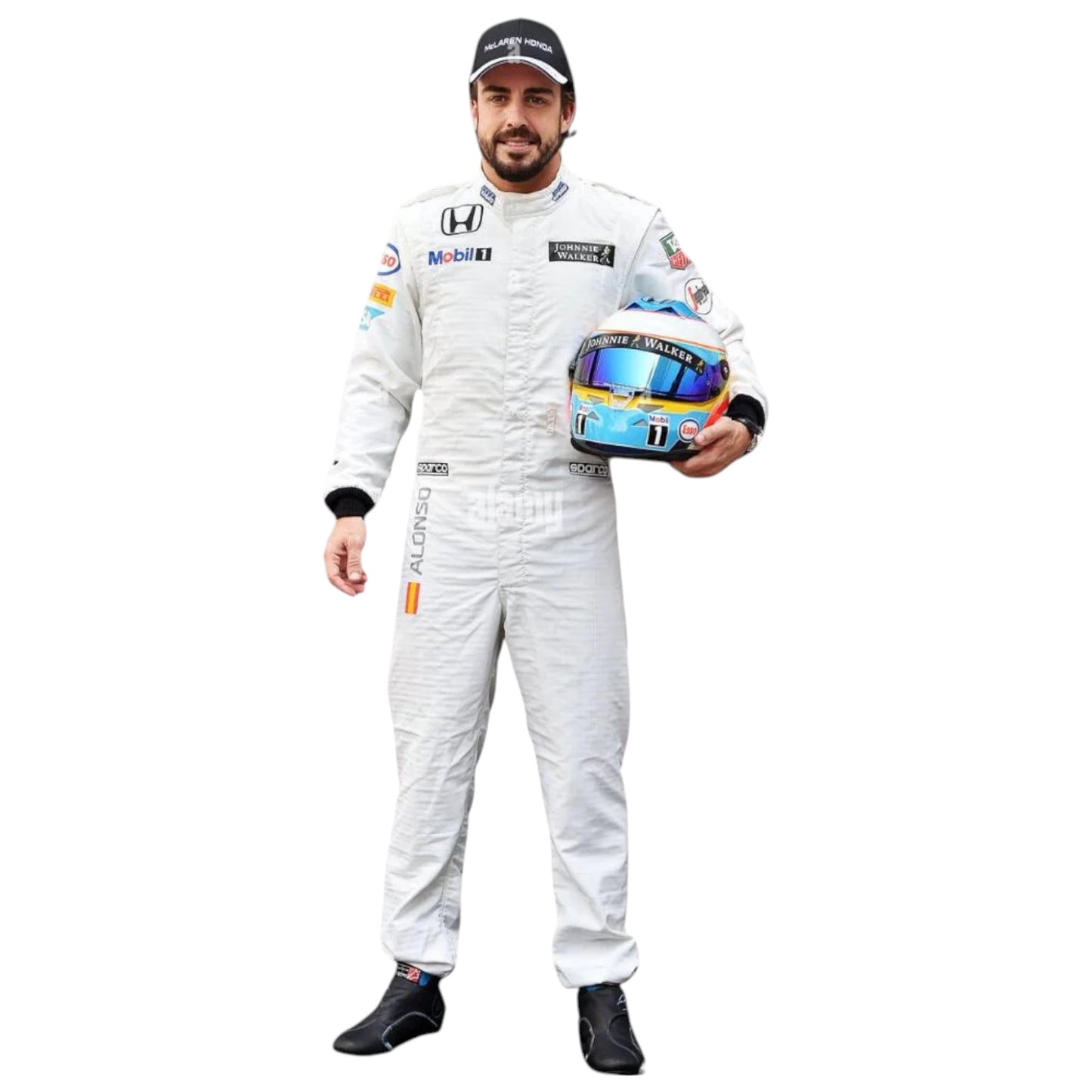 Fernando Alonso 2015 McLaren F1 race suit replica in white Honda powered design with official team sponsor logos