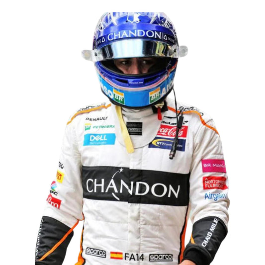 Fernando Alonso 2018 McLaren F1 race suit replica in papaya orange and blue with sponsor logos and authentic detailing