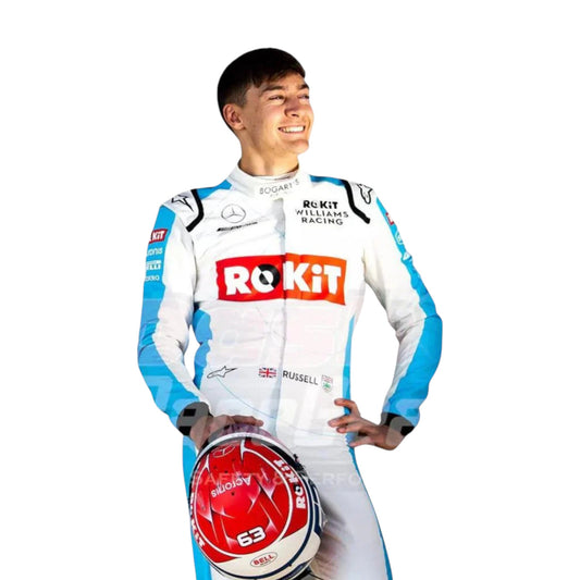 George Russell 2020 Williams F1 race suit replica white and light blue design with Rokit Williams Racing branding and sponsor details
