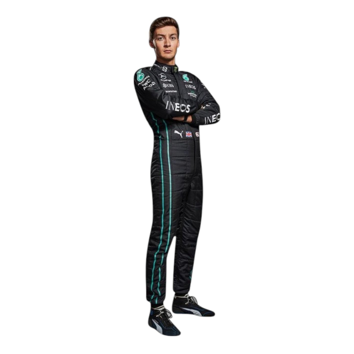 2022 George Russell Mercedes AMG F1 race suit replica authentic Petronas team gear with detailed race season styling and branding
