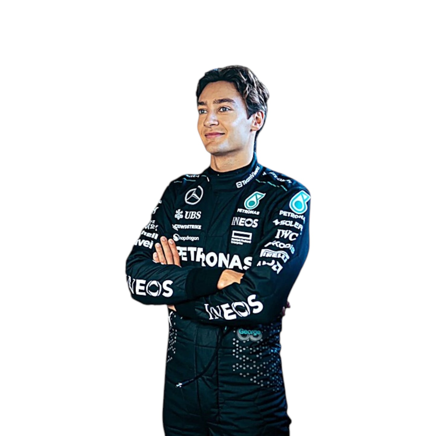 2024 George Russell Mercedes AMG F1 race suit replica authentic Petronas team design with race season graphics and branding