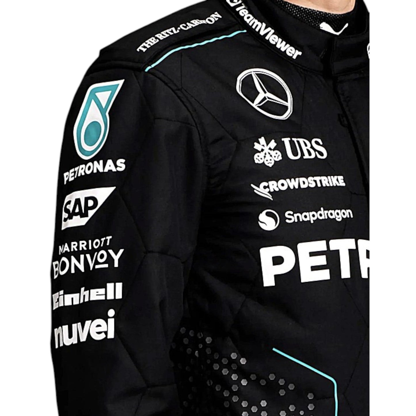 2024 George Russell Mercedes AMG F1 race suit replica authentic Petronas team design with race season graphics and branding