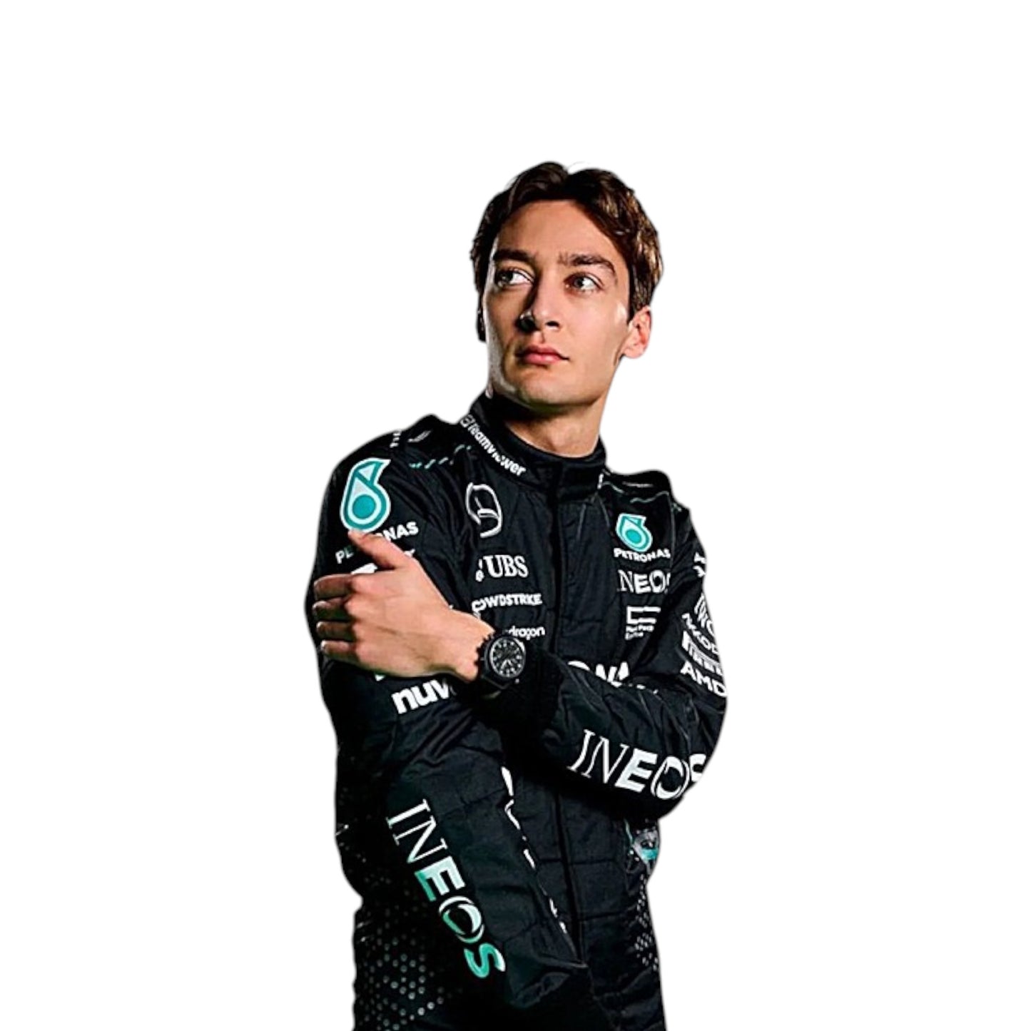 2024 George Russell Mercedes AMG F1 race suit replica authentic Petronas team design with race season graphics and branding