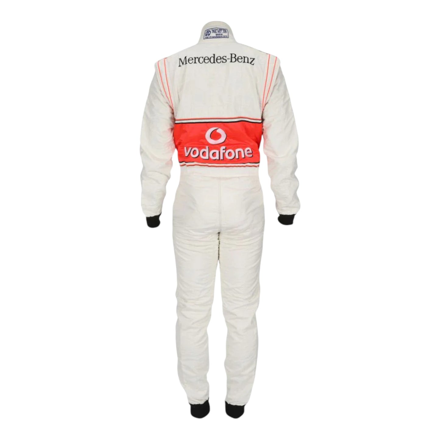 Jenson Button 2010 McLaren F1 race suit replica silver Vodafone McLaren Mercedes design with red accents and authentic sponsor logos