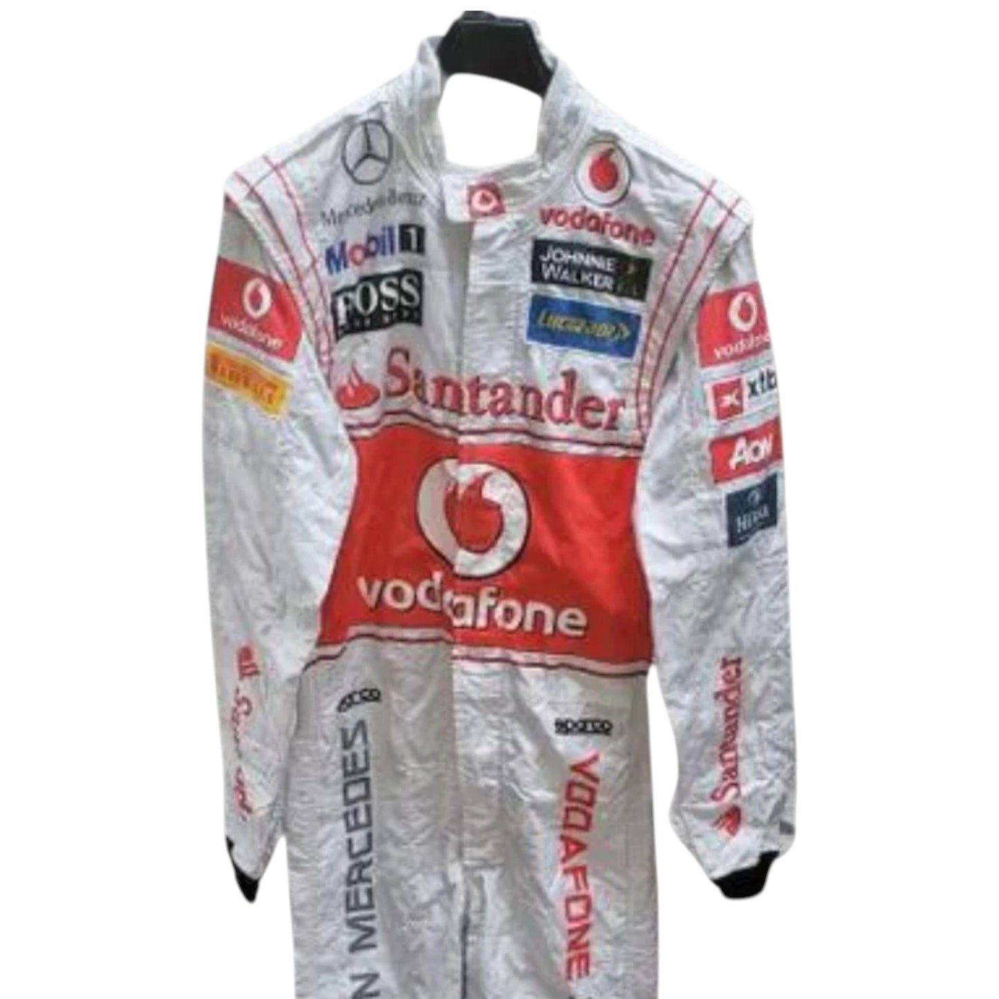 Jenson Button 2011 McLaren F1 race suit replica silver and red Vodafone McLaren Mercedes design featuring official team sponsor logos