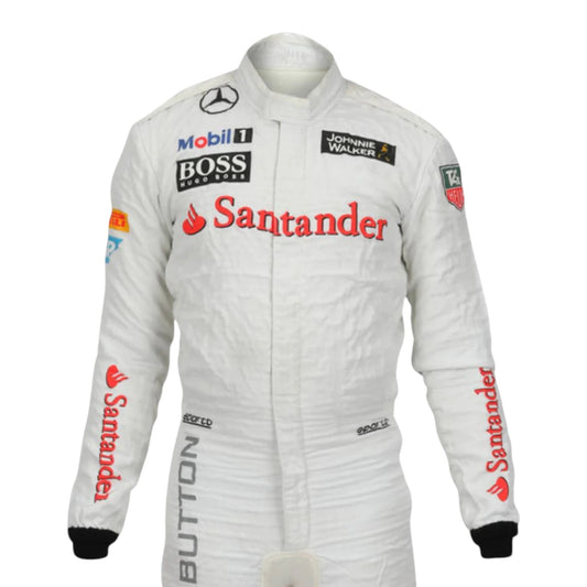 Jenson Button 2014 McLaren F1 race suit replica white McLaren Mercedes design with red and grey detailing and authentic sponsor logos