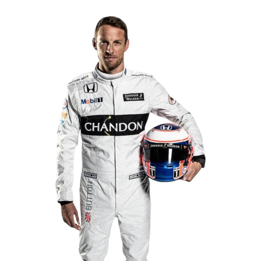 Jenson Button 2016 McLaren F1 race suit replica white McLaren Honda design featuring orange and black detailing with authentic sponsor logos