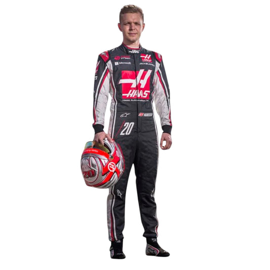Kevin Magnussen 2017 Haas F1 race suit replica with grey, red, and black team design
