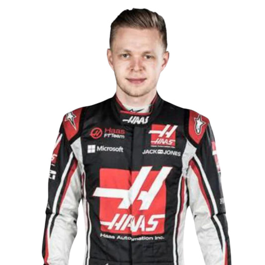 Kevin Magnussen 2018 Haas F1 race suit replica with black, red, and grey design featuring team logos