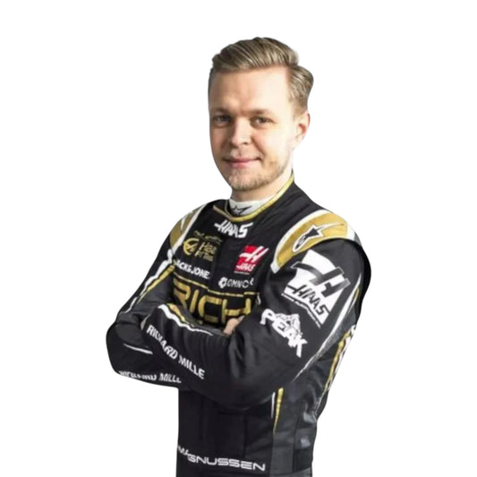 Kevin Magnussen 2019 Haas F1 race suit replica with black and gold design featuring Rich Energy branding