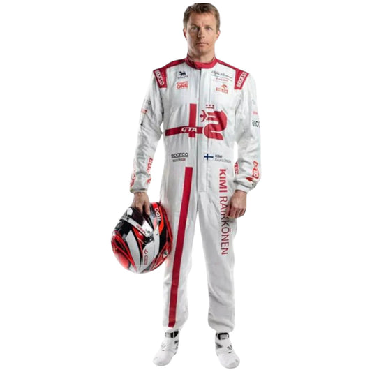 Kimi Räikkönen 2021 Alfa Romeo F1 race suit replica with red and white Orlen team design and sponsor logos