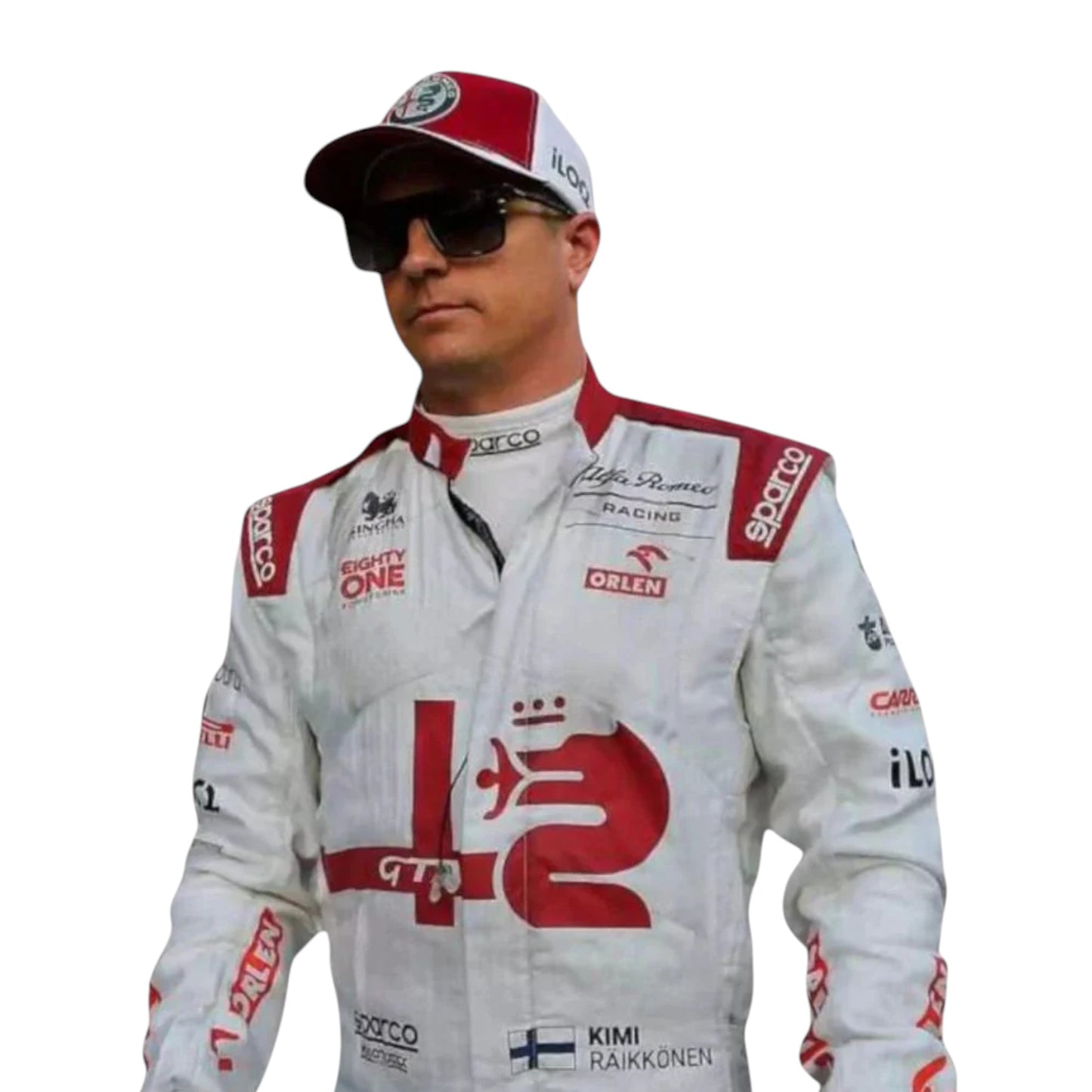 Kimi Räikkönen 2021 Alfa Romeo F1 race suit replica with red and white Orlen team design and sponsor logos