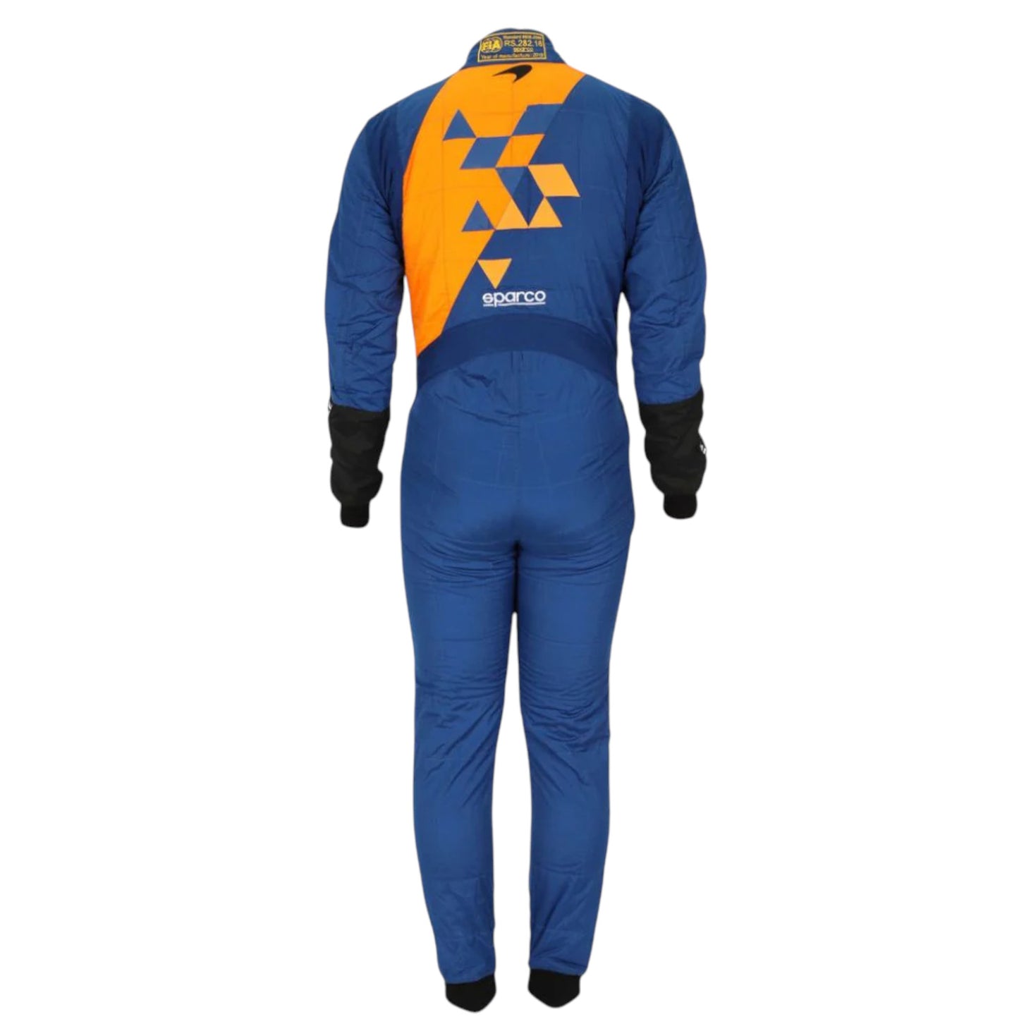 Lando Norris 2019 McLaren F1 race suit replica with blue and papaya orange design featuring team sponsors