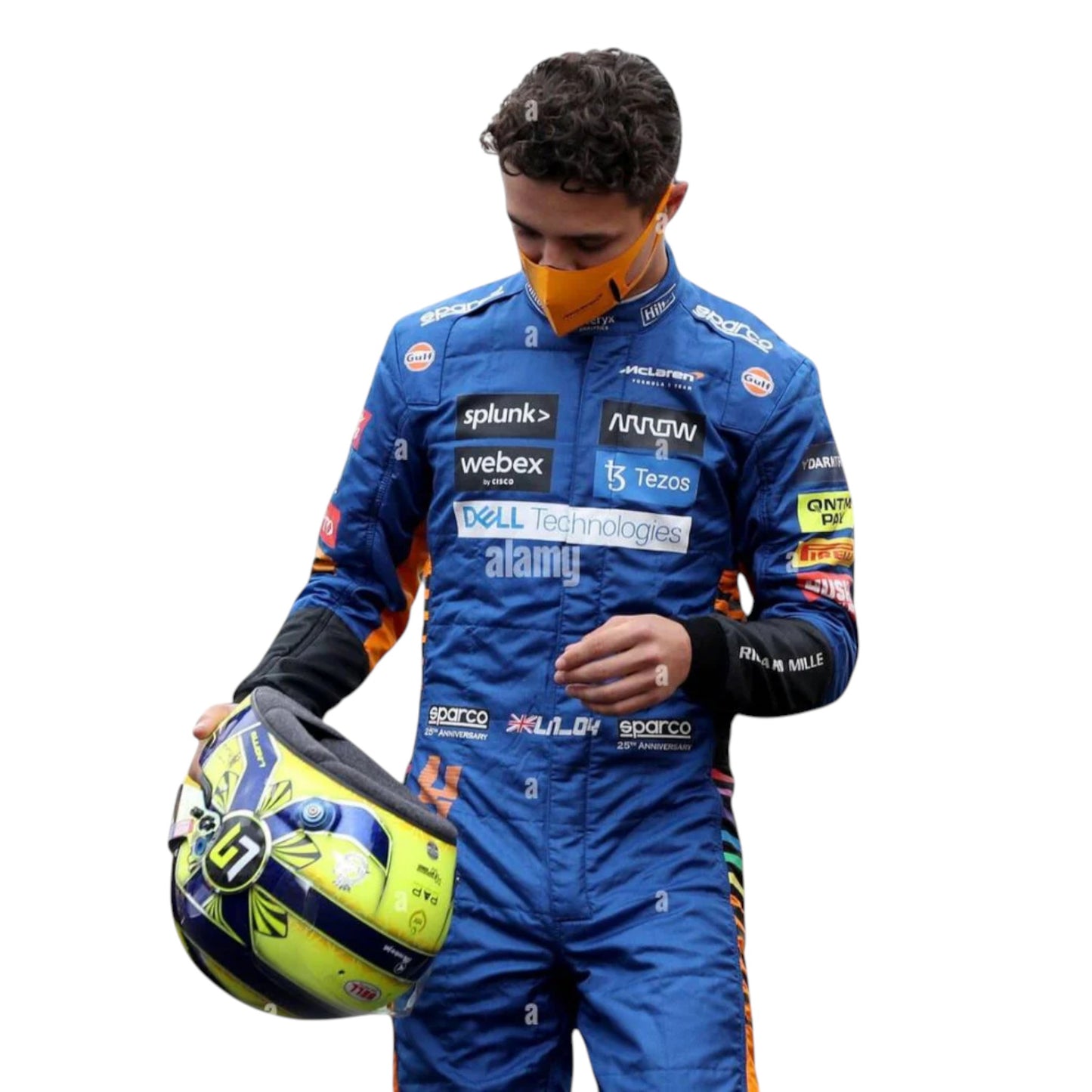 Lando Norris 2021 McLaren F1 race suit replica with blue papaya accent design and team sponsor logos