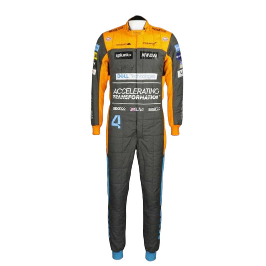 Replica of Lando Norris 2022 McLaren F1 driver suit showcasing authentic team branding and design details