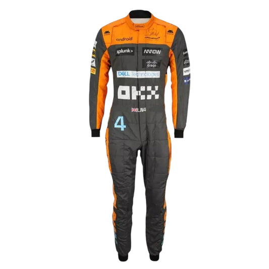 Lando Norris 2023 McLaren F1 race suit replica in papaya orange and black with sponsor detailing