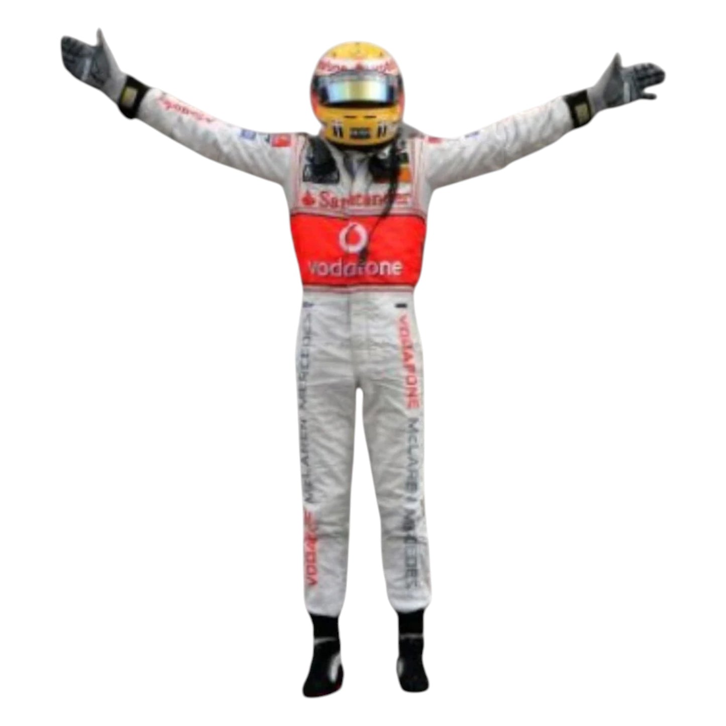 Lewis Hamilton 2007 McLaren F1 race suit replica silver and red Vodafone McLaren Mercedes design with sponsor logos from his rookie season