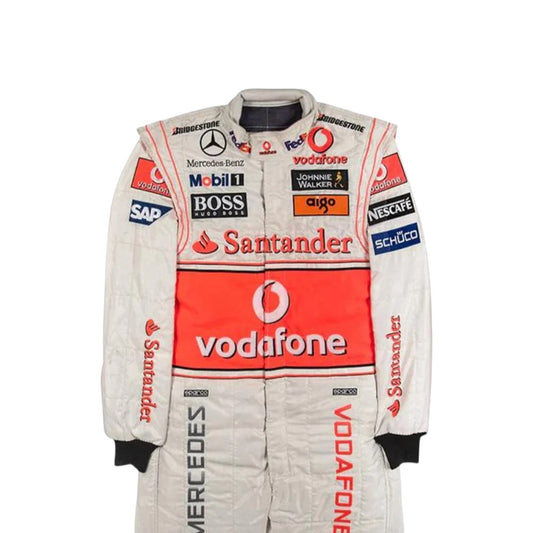 Lewis Hamilton 2008 McLaren F1 race suit replica silver and red Vodafone McLaren Mercedes design with sponsor logos from his championship winning season