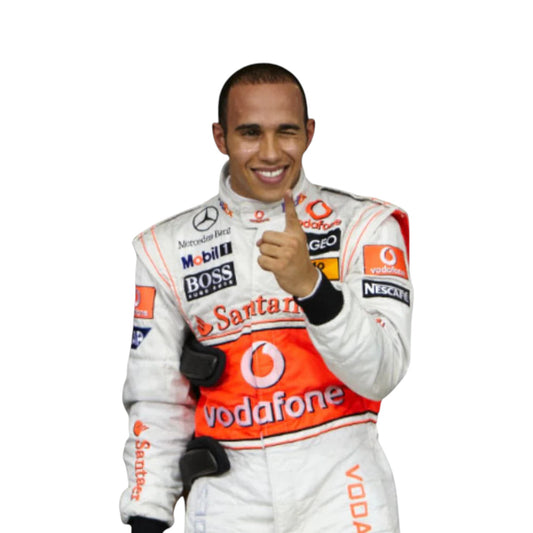 Lewis Hamilton 2009 McLaren F1 race suit replica silver Vodafone McLaren Mercedes design with updated sponsor logos from the 2009 Formula 1 season