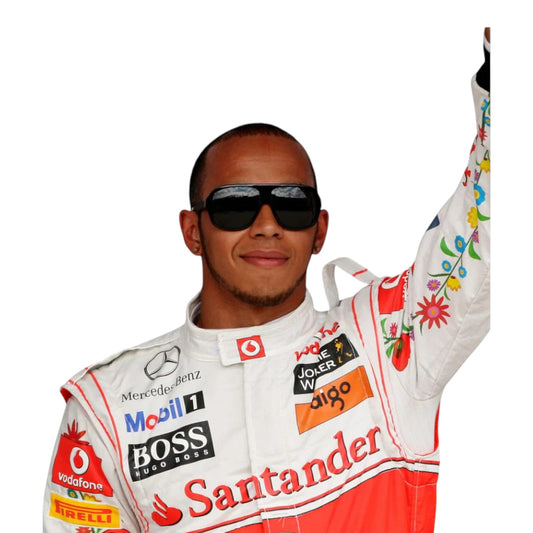 Lewis Hamilton 2011 McLaren F1 race suit replica silver and red Vodafone McLaren Mercedes design with sponsor logos from the 2011 Formula 1 season