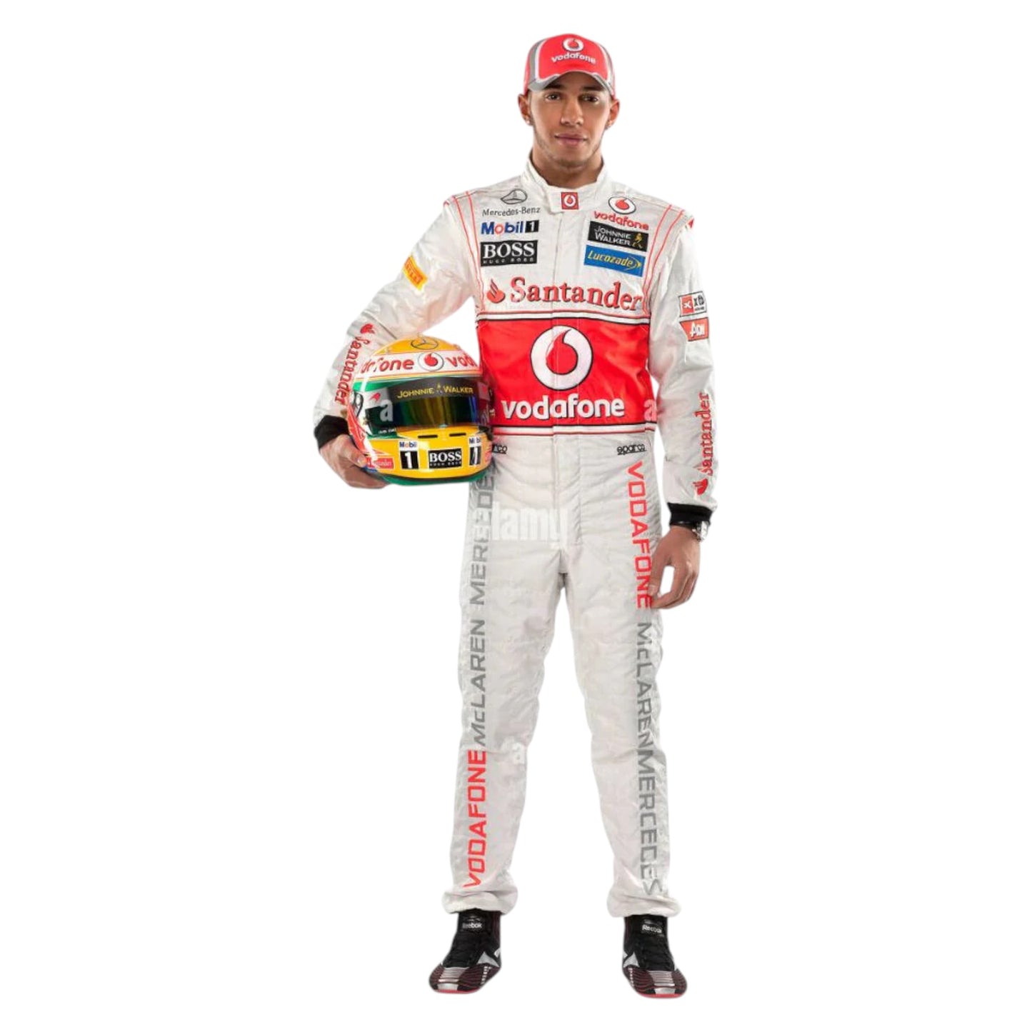 Lewis Hamilton 2012 McLaren F1 race suit replica silver Vodafone McLaren Mercedes design with red detailing and official sponsor logos from his final McLaren season