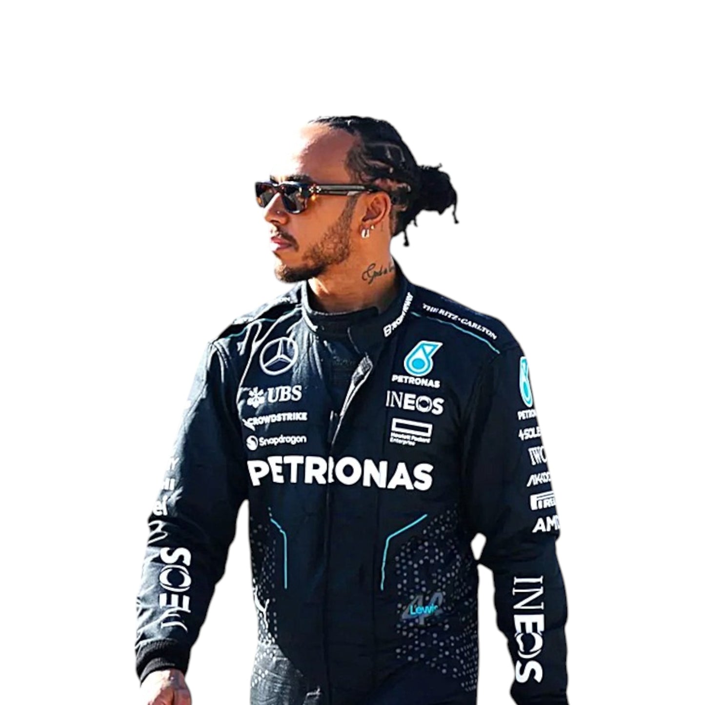 2024 Lewis Hamilton Mercedes AMG F1 race suit replica authentic Petronas team edition with detailed race season styling and logos