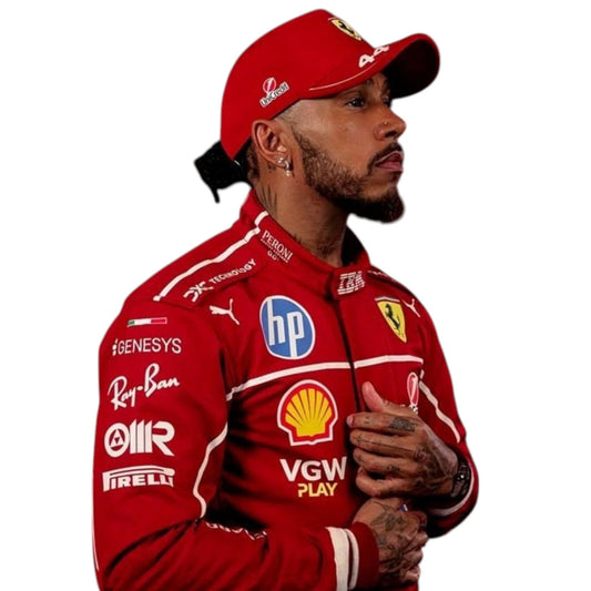 2025 Lewis Hamilton Ferrari F1 race suit replica authentic fan collectible with iconic red livery and detailed team branding