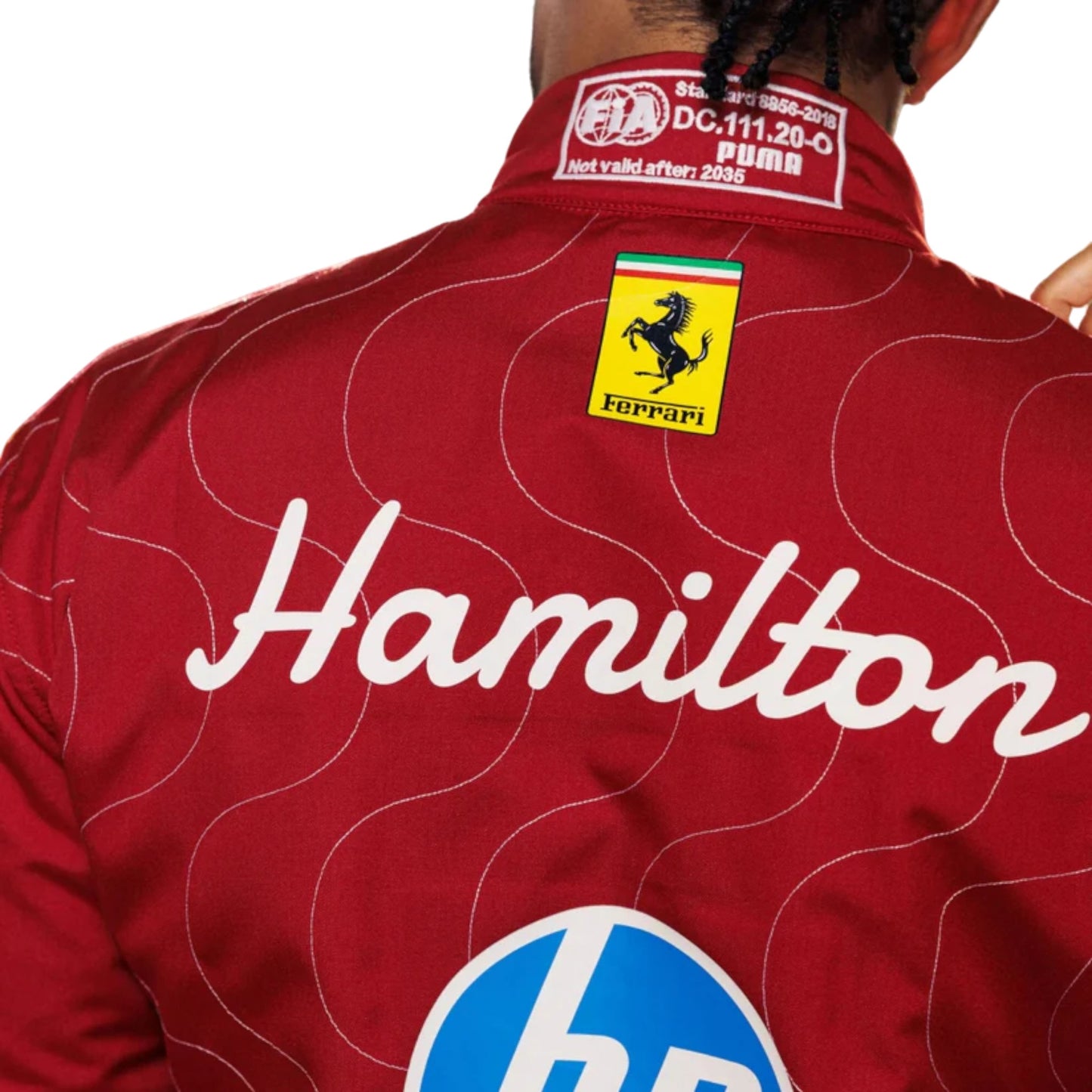 Lewis Hamilton 2025 Ferrari Monza GP F1 race suit replica featuring special Monza edition design and Ferrari team detailing