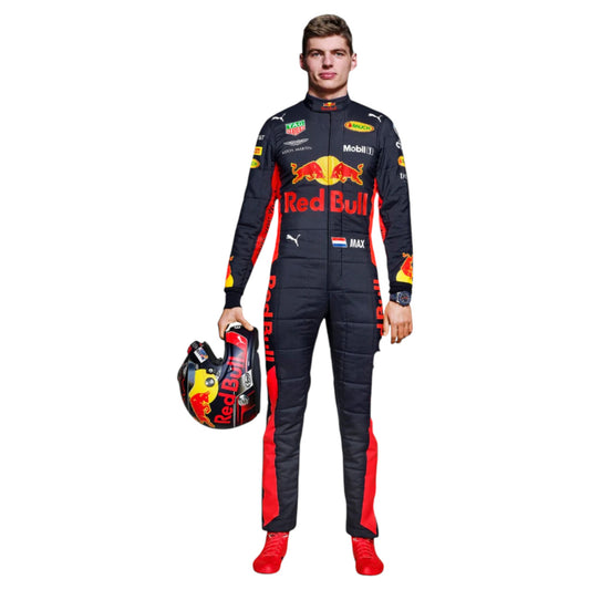 Max Verstappen 2018 Red Bull F1 race suit replica dark blue Aston Martin Red Bull Racing design with red and yellow accents and sponsor logos