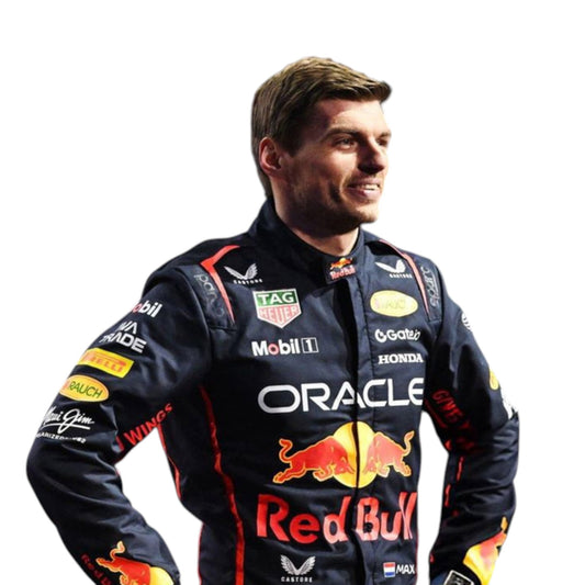 Max Verstappen 2025 Red Bull Racing F1 replica race suit featuring official team colors and sponsor logos
