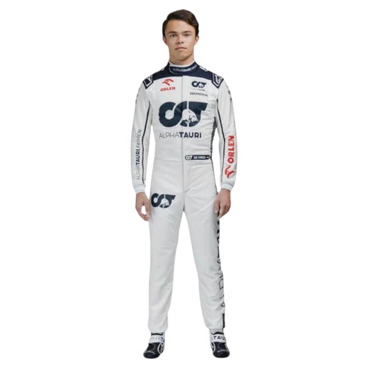 Nyck de Vries 2023 AlphaTauri F1 race suit replica with navy blue and white design featuring Red Bull and Honda logos