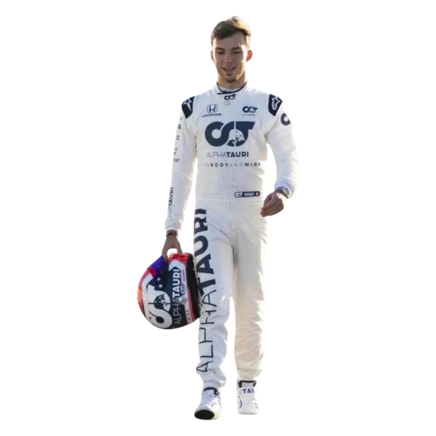 Pierre Gasly 2020 AlphaTauri F1 race suit replica with navy blue and white design featuring Red Bull and Honda logos