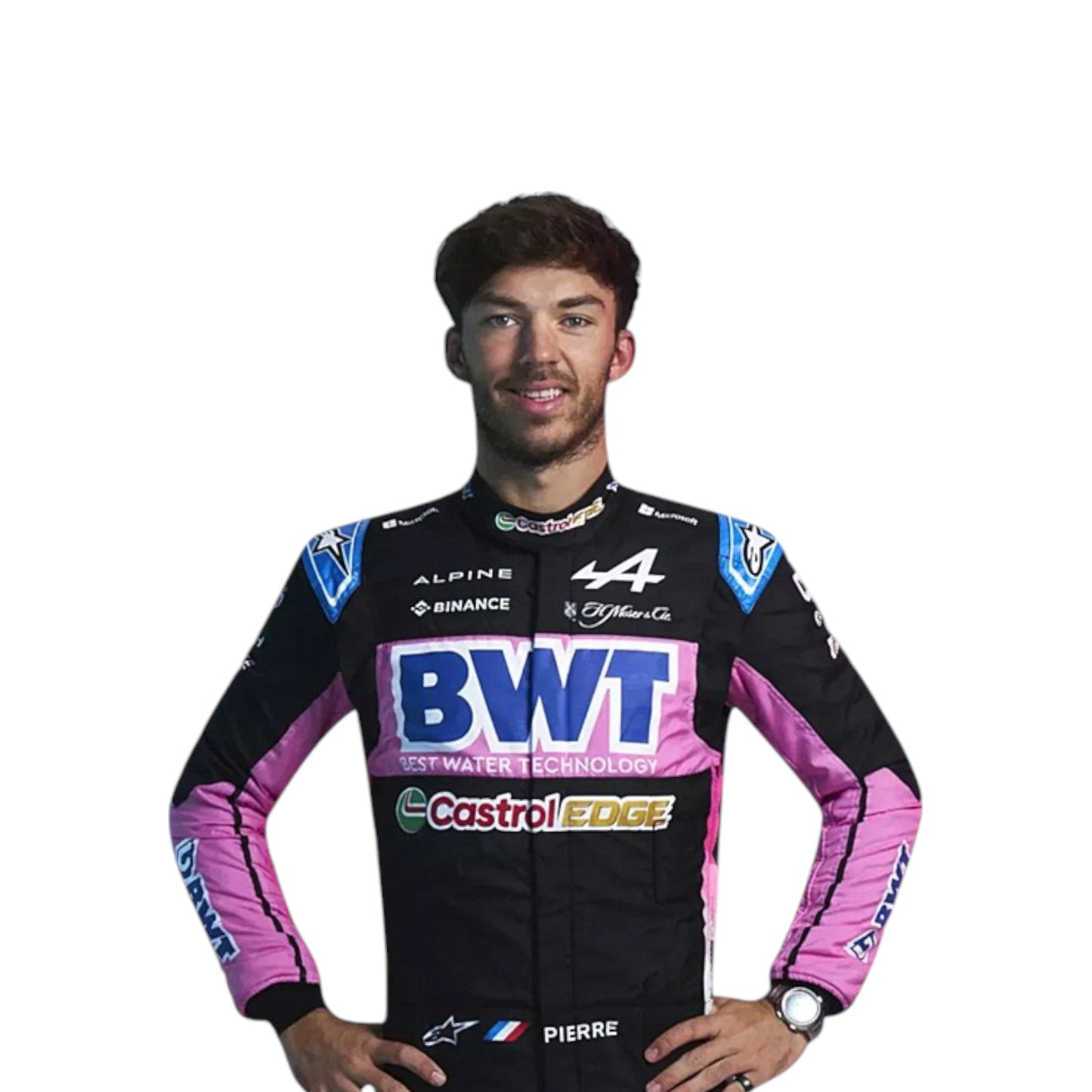 2024 Pierre Gasly Alpine F1 race suit replica detailed fan collectible featuring authentic BWT team design and logos