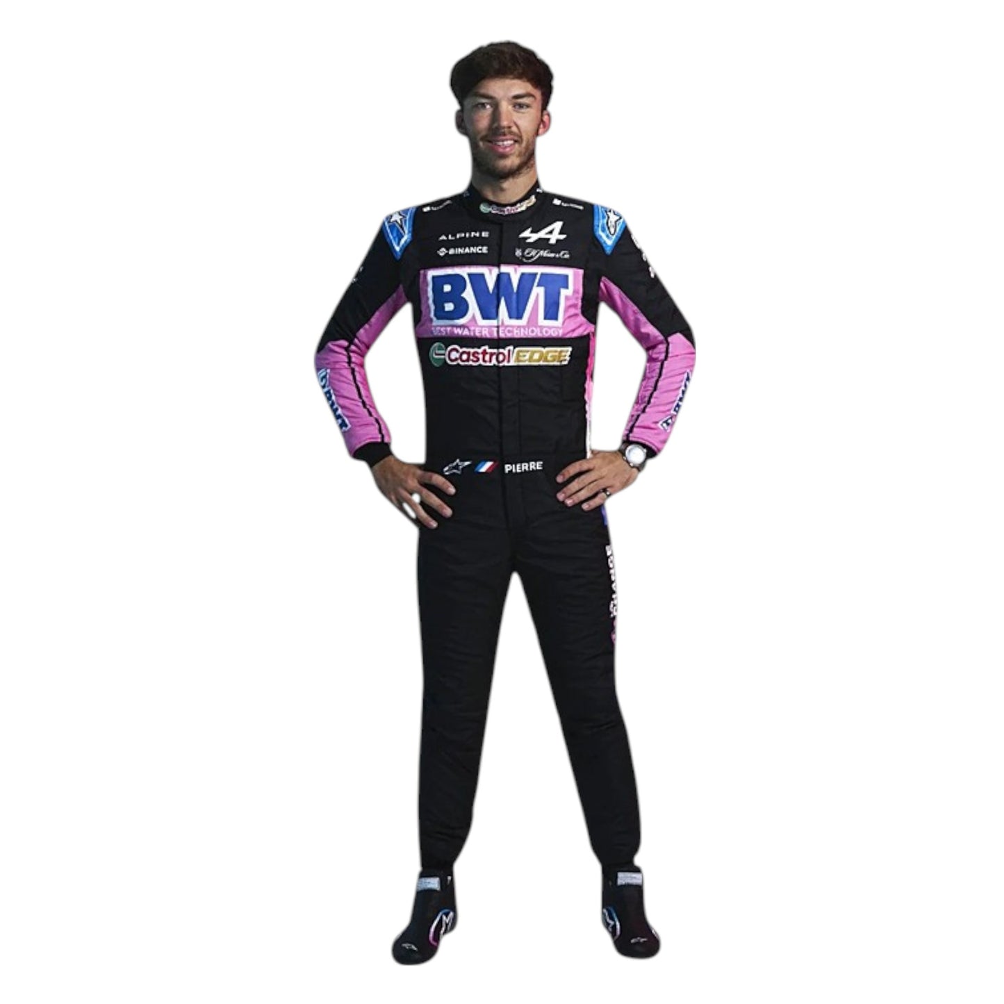 2024 Pierre Gasly Alpine F1 race suit replica detailed fan collectible featuring authentic BWT team design and logos