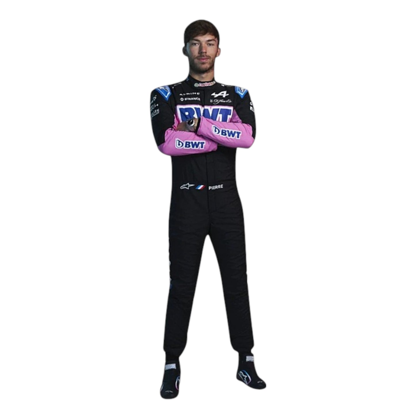 2024 Pierre Gasly Alpine F1 race suit replica detailed fan collectible featuring authentic BWT team design and logos