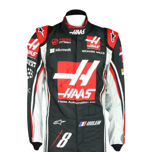 Romain Grosjean 2017 Haas F1 race suit replica with black, red, and grey design featuring Haas Automation logos