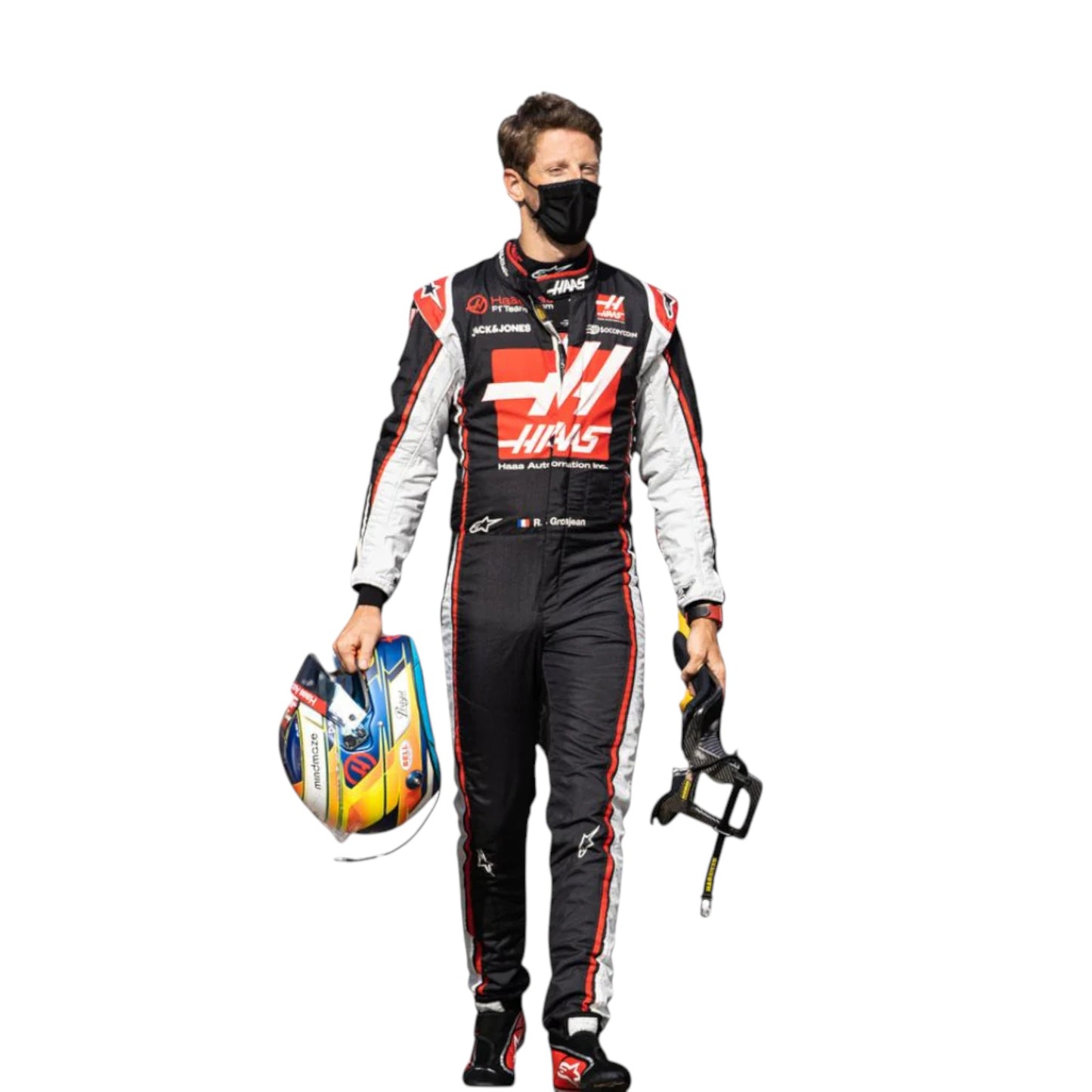 Romain Grosjean 2020 Haas F1 race suit replica with black, white, and red design featuring team sponsor logos
