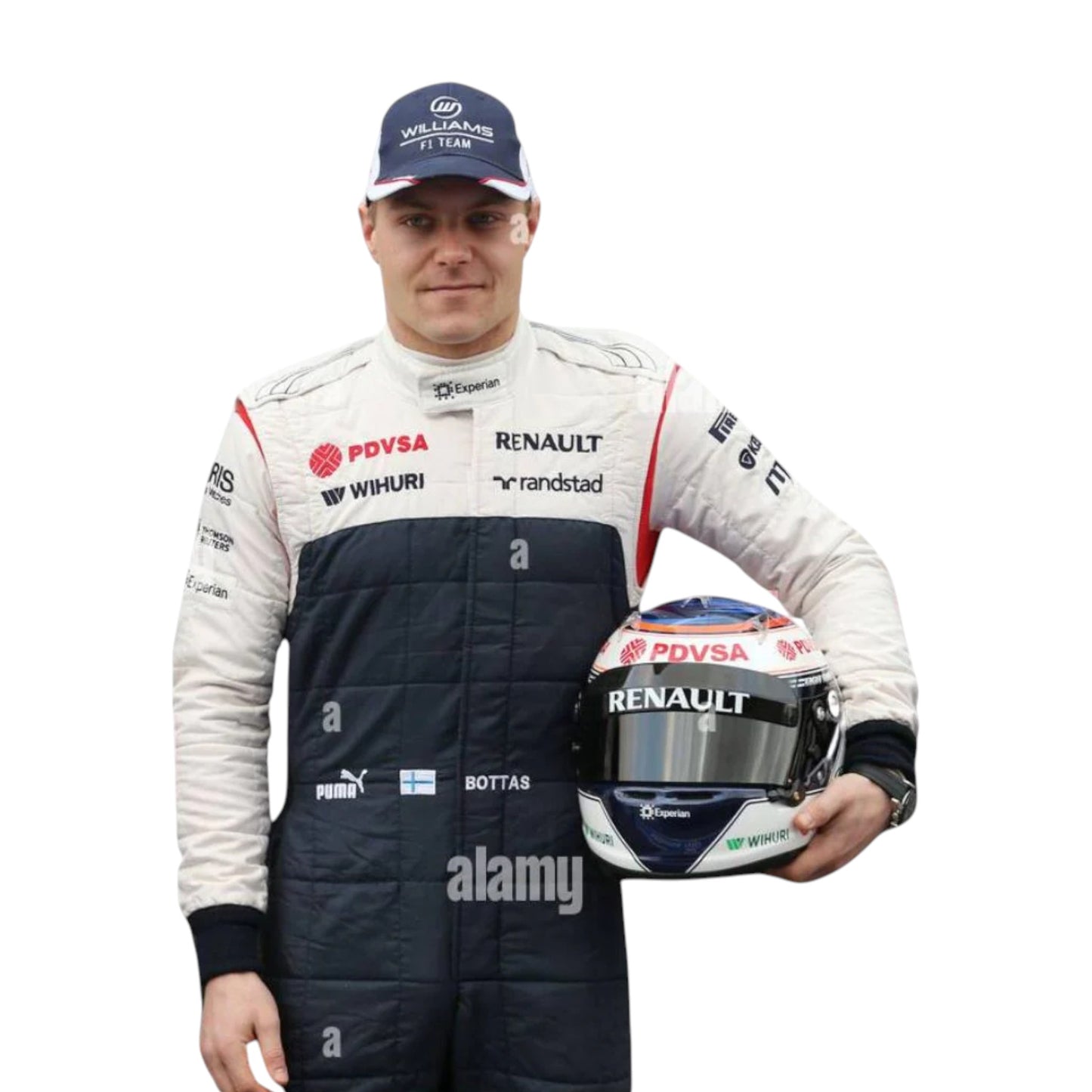 Valtteri Bottas 2013 Williams F1 race suit replica white and blue design with PDVSA and Renault sponsor logos