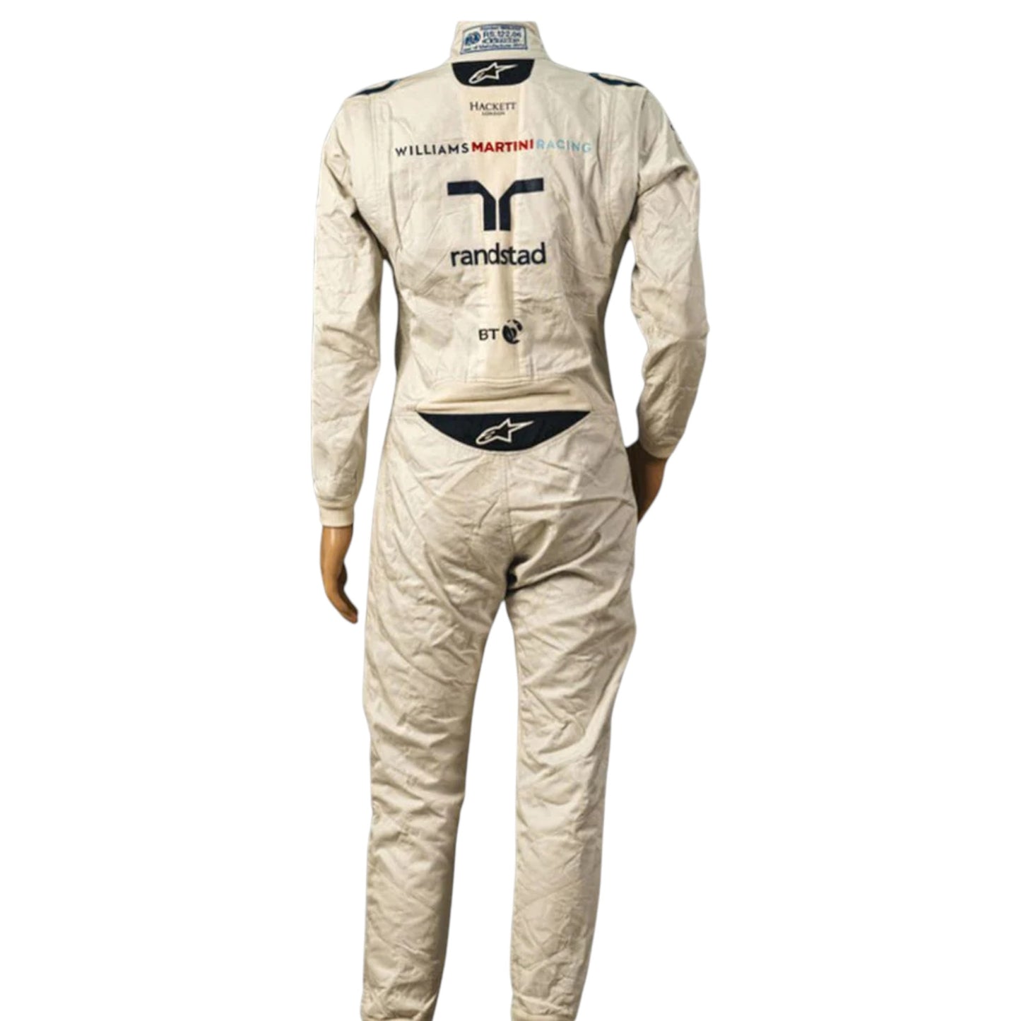 Valtteri Bottas 2015 Williams F1 race suit replica white design with Martini Racing blue and red stripes and team sponsor branding