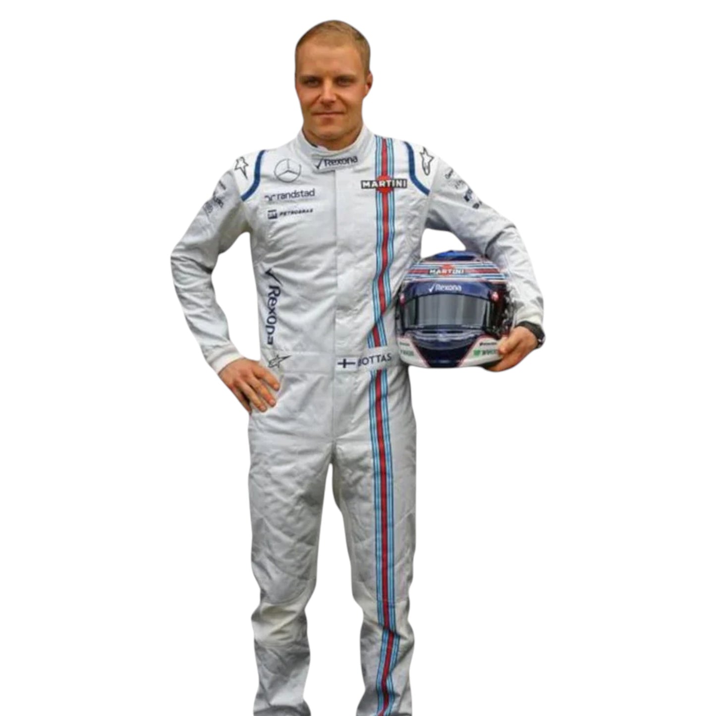 Valtteri Bottas 2016 Williams F1 race suit replica white suit with Martini Racing stripes and updated sponsor logos from the 2016 season