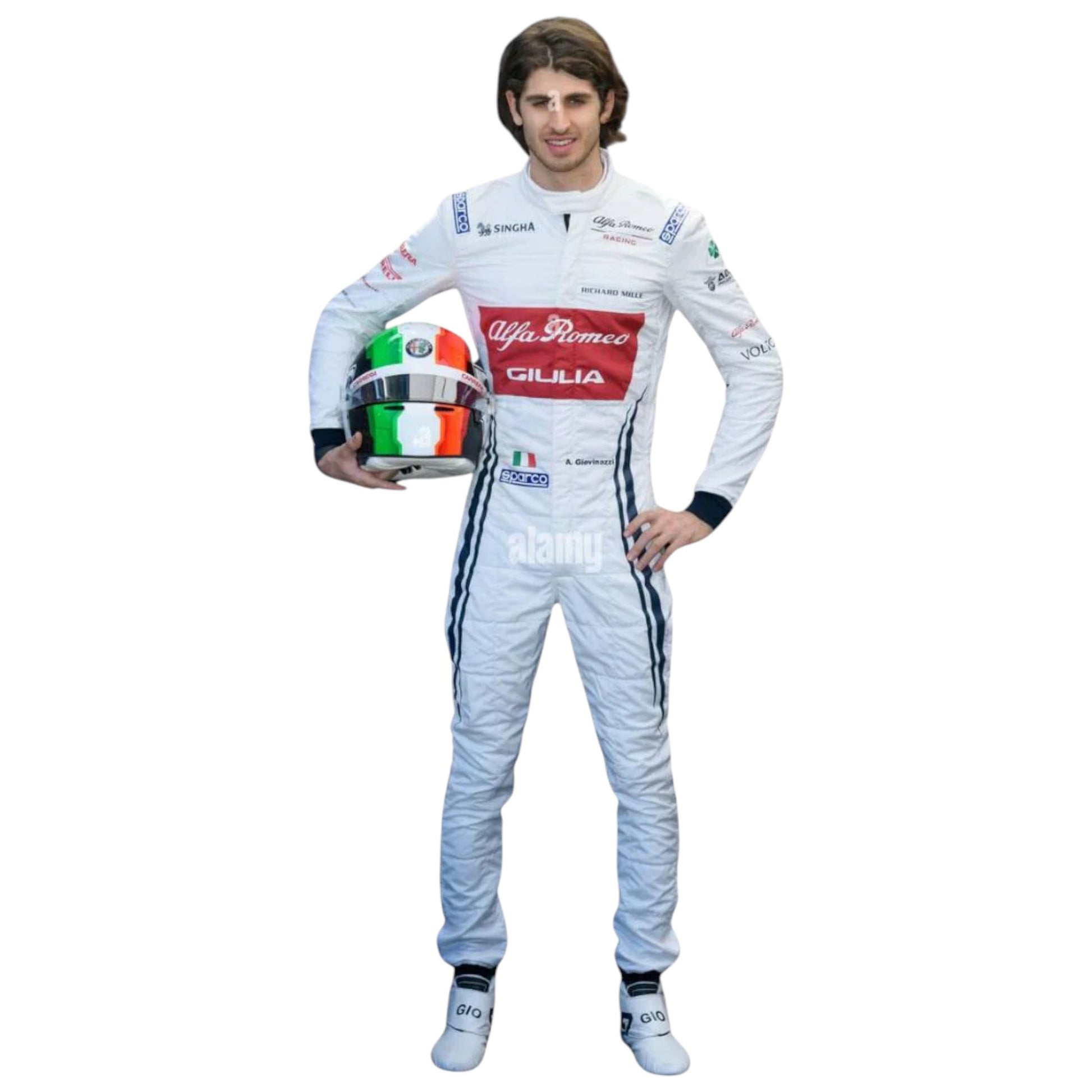 Antonio Giovinazzi 2019 Alfa Romeo F1 race suit replica featuring classic white and red design with team sponsor logos