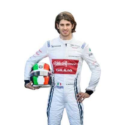 Antonio Giovinazzi 2019 Alfa Romeo F1 race suit replica featuring classic white and red design with team sponsor logos