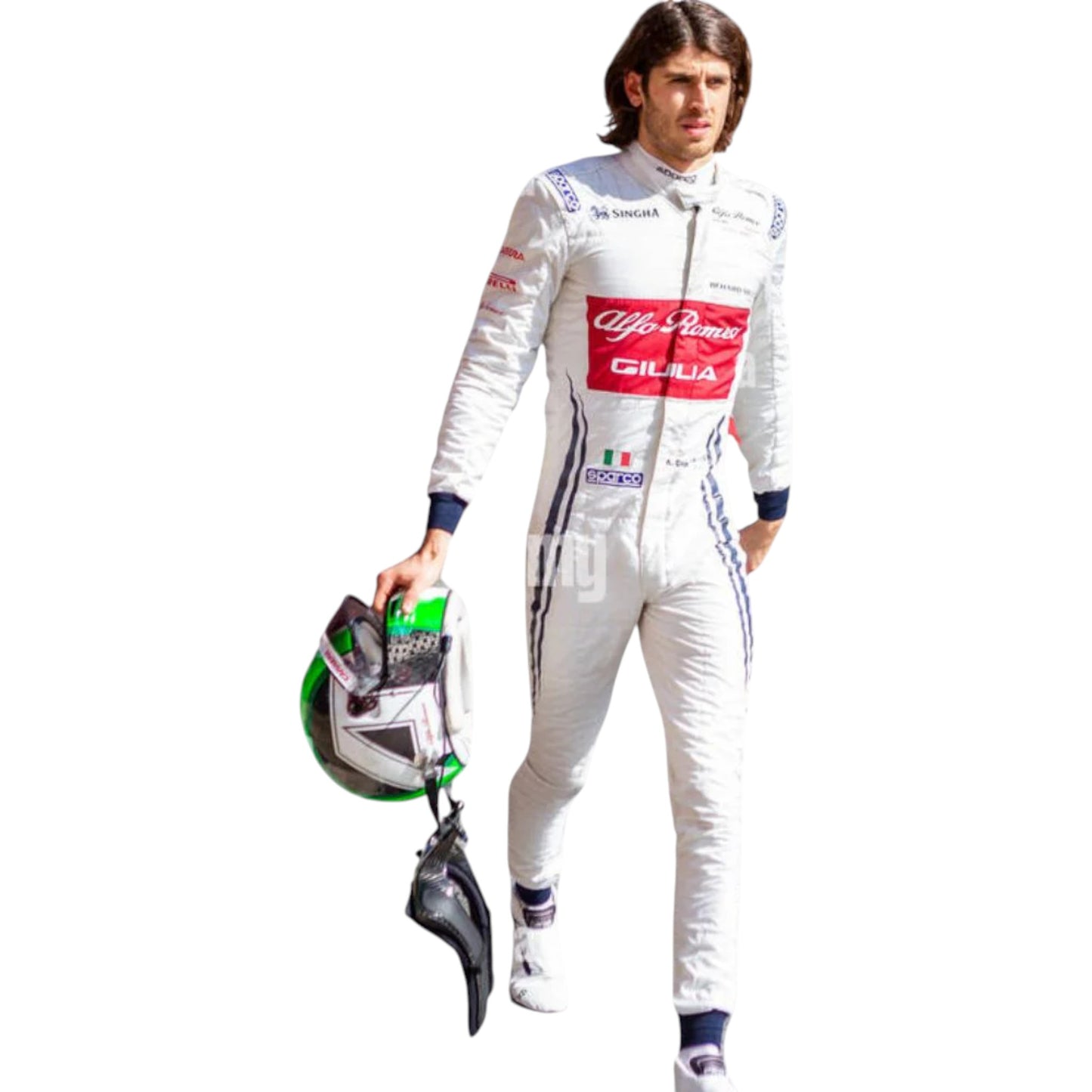 Antonio Giovinazzi 2019 Alfa Romeo F1 race suit replica featuring classic white and red design with team sponsor logos
