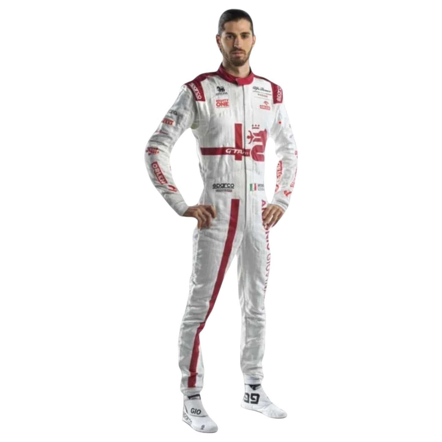Antonio Giovinazzi 2021 Alfa Romeo F1 race suit replica with red and white Orlen team design and sponsor logos