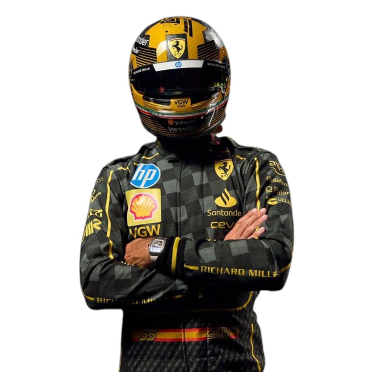 Carlos Sainz 2025 Ferrari F1 race suit replica in black with official sponsor logos